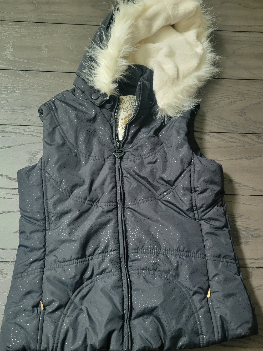 Place Black Sparkle Puffer Vest with Faux-Fur Trimmed Hood